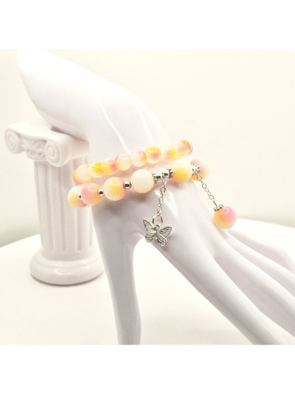 Butterfly Bracelet Set, Pink Yellow Beaded Bracelet Stack, Pastel Charm Bracelet